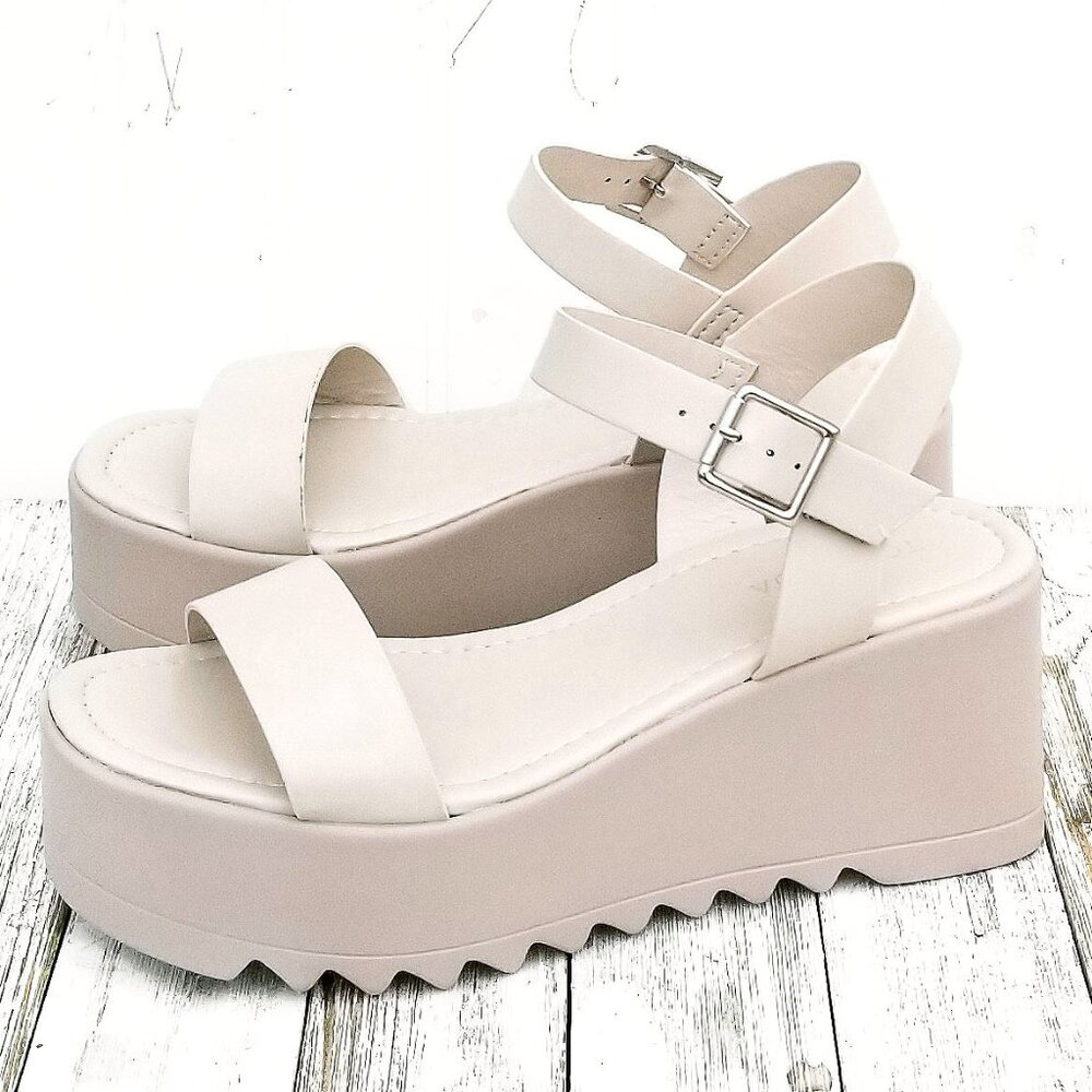 New Ivory Beige Wide Band Platform Wedge Heel Sandals - Picture 4 of 4